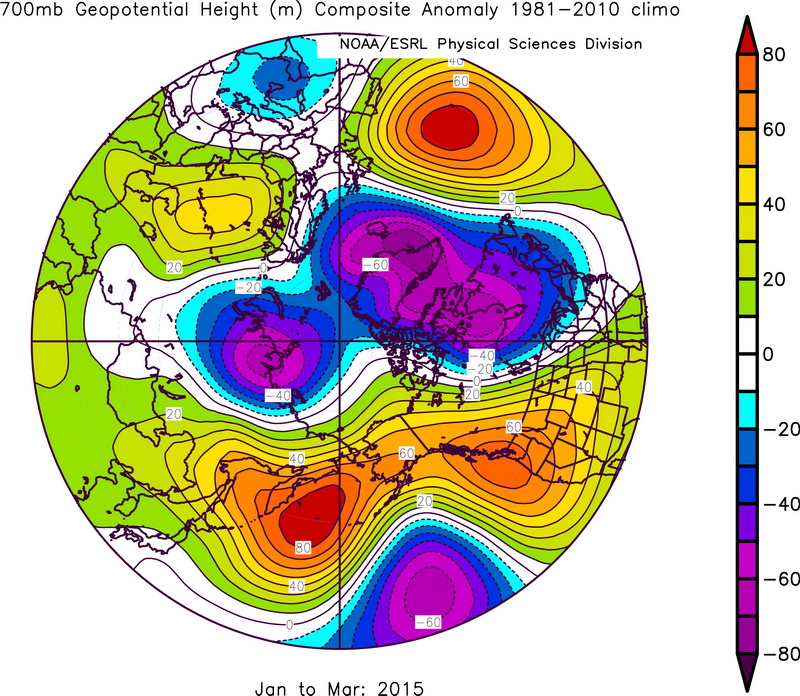 Fig. 1.3. Geopotential height (700 mb) anomalies from November 2014 to June 2015 over western North America and the eastern Pacific Ocean.