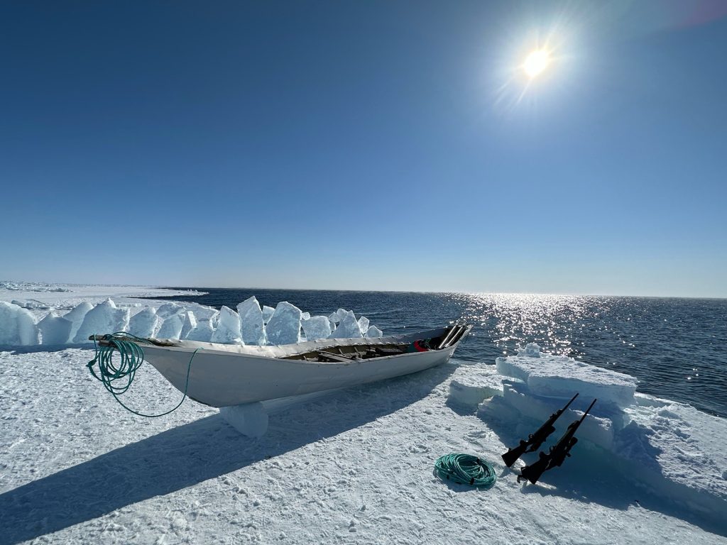Skin boat, rope, and two rifles sit on ice near the sea on a clear, sunny day