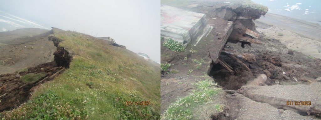 Two locations of coastal erosion in Utqiaġvik, including the loss of an ice cellar in July 2023