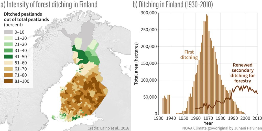 Map showing intensity of ditching across Finland and graph of the temporal scale of peatland ditching from 1930-2010 with a peak around 1970