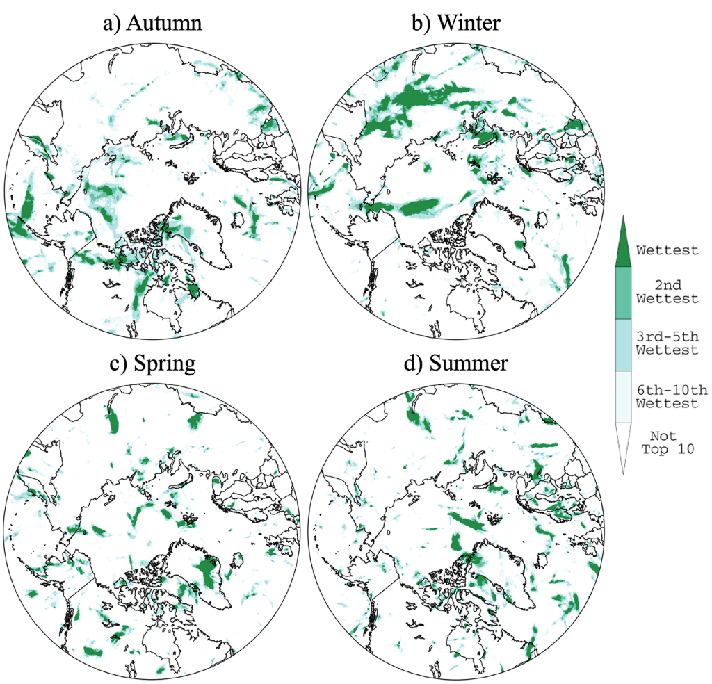 Arctic maps of ranks of maximum 5-day precipitation for each season during water year 2022/23: autumn, winter, spring, and summer