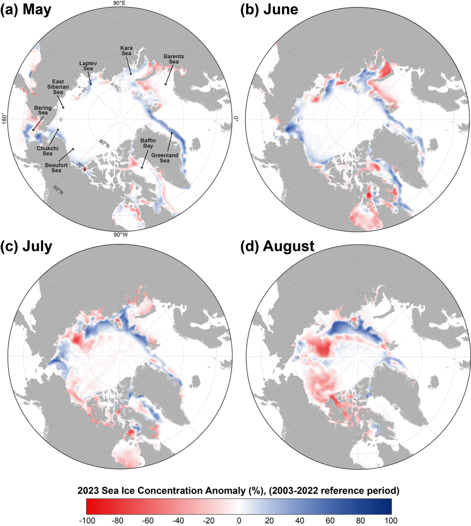 Sea ice concentration anomalies in 2023 for May, June, July, and August