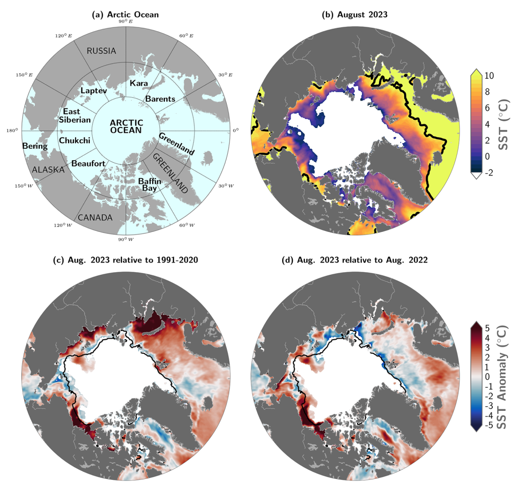 Arctic Ocean maps a) showing marginal sea locations, b) Mean sea surface temperature in August 2023, c) SST anomalies in August 2023, d) difference between August 2023 SSTs and August 2022 SSTs