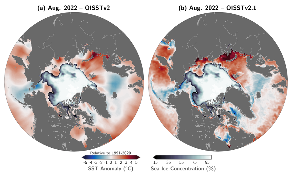 Arctic Ocean maps showing August 2022 SST anomaly from OISST Version 2 and 2.1