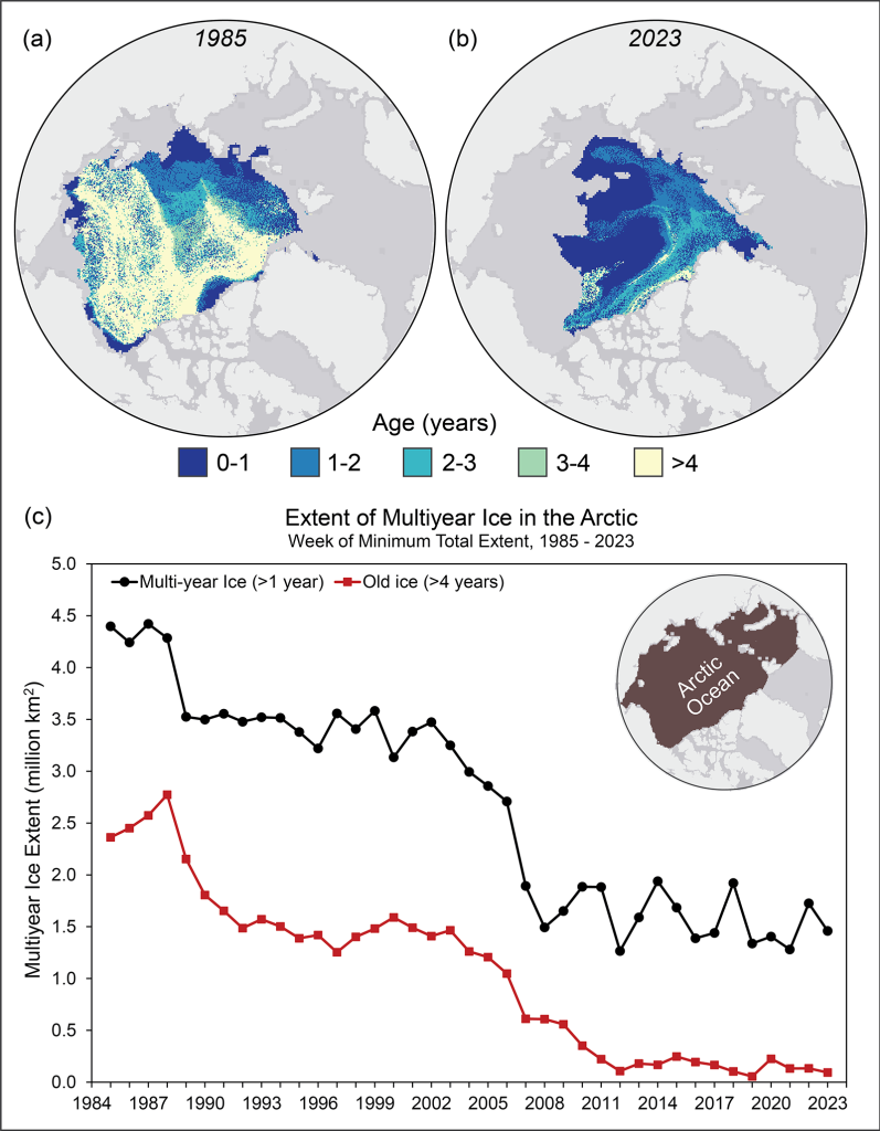 Arctic maps showing declining sea ice age coverage in 1985 and 2023 and line graph showing declining extent of multiyear ice and ice greater than 4 years old with the Arctic Ocean region