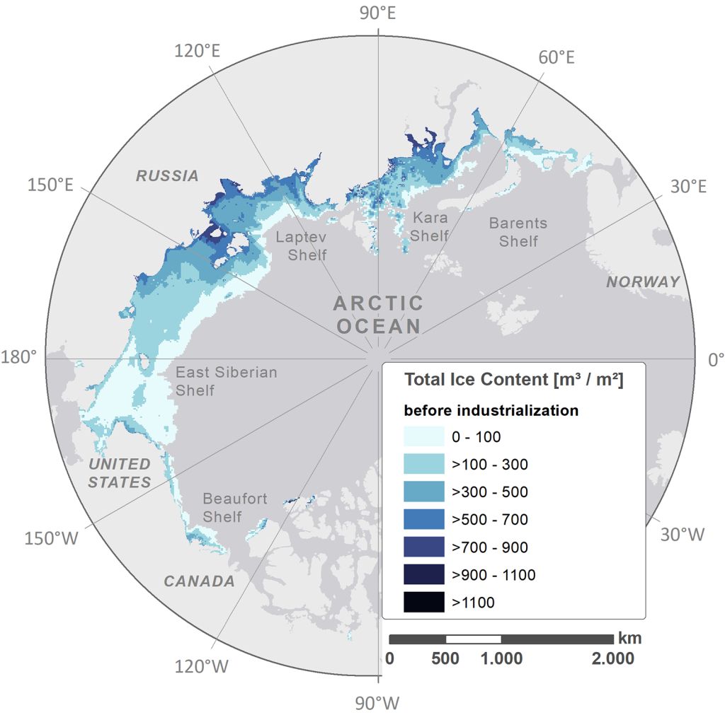 Arctic Ocean map of total ice content in the Arctic shelf sediment column before industrialization