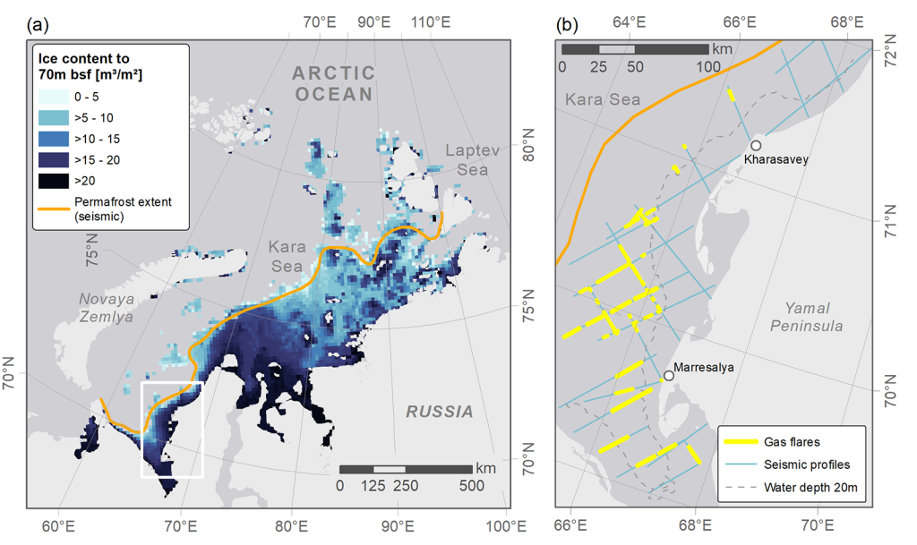 Map of subsea permafrost indicators for the eastern Kara Sea