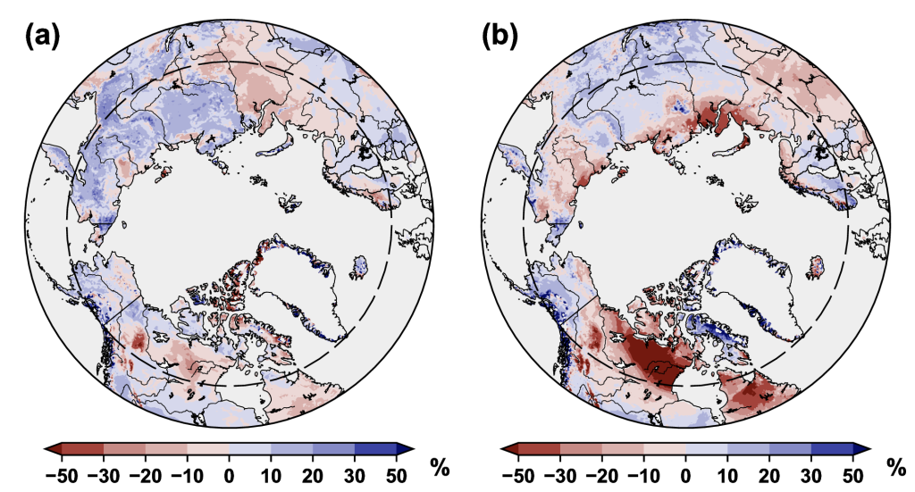 Arctic maps of snow cover duration anomalies for the 2022-2023 snow year at snow onset and snow melt