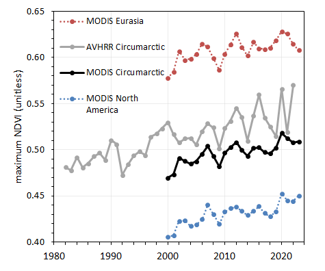 Time-series of mean MaxNDVI for Arctic tundra from the MODIS MCD13A1 v6.1