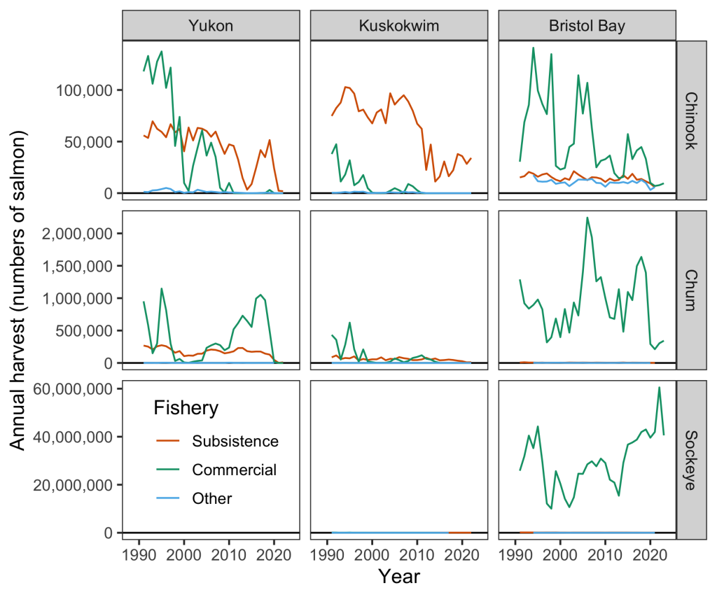 Graphs of annual harvest of major western Alaska salmon stocks by fishery sector