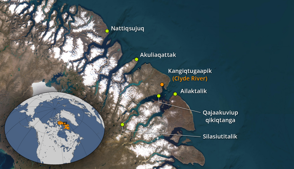 Location map of Kangiqtugaapik (Clyde River), Nunavut, Canada and station locations for the Kangiqtugaapik Weather Station Network