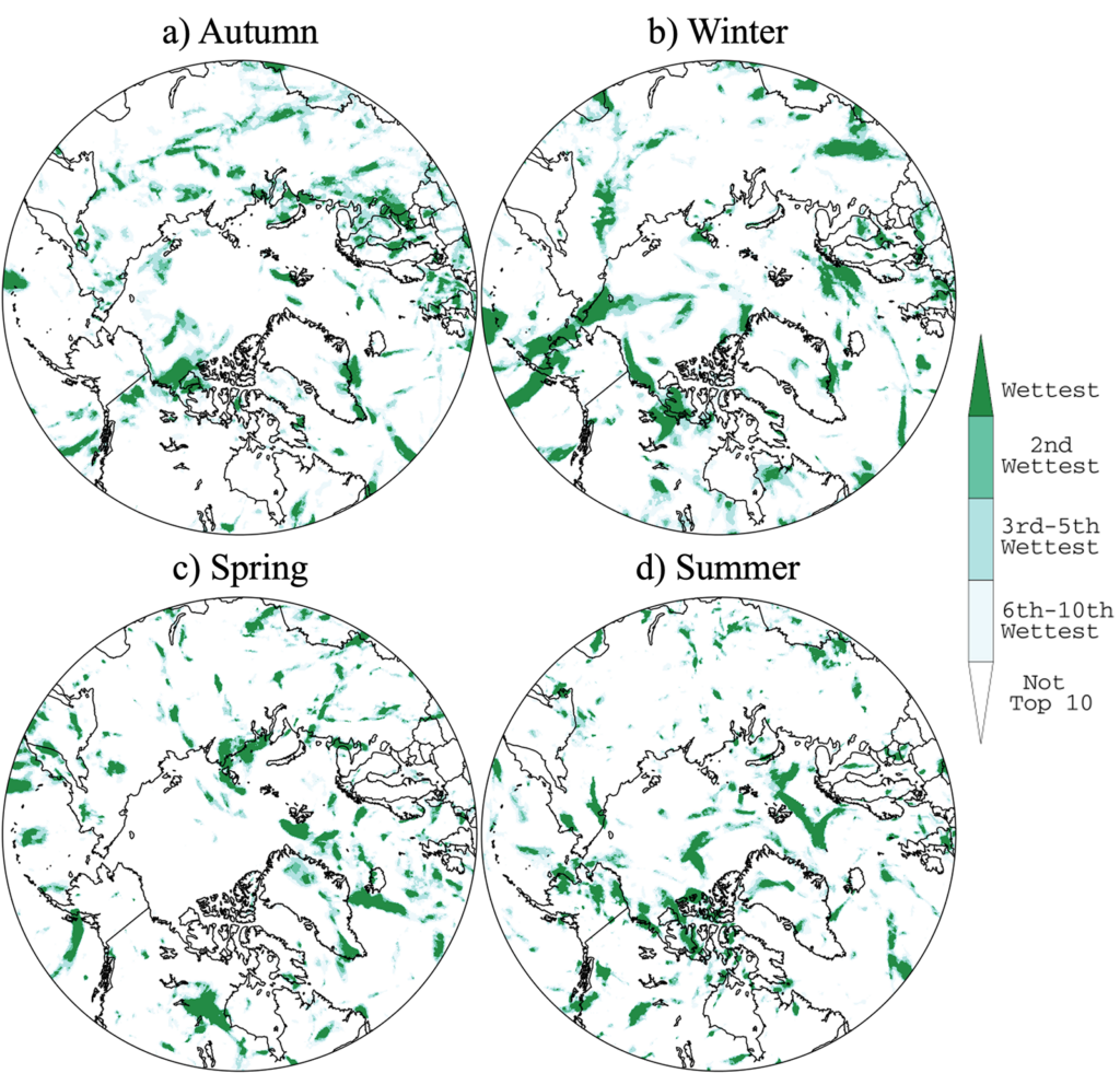 Maps of ranks of maximum 5-day precipitation for each season during the 2023/24 water year