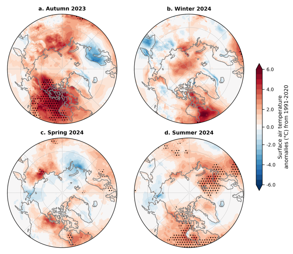 Arctic maps of seasonal surface air temperature anomaliesfor autumn 2023, winter 2024, spring 2024, and summer 2024