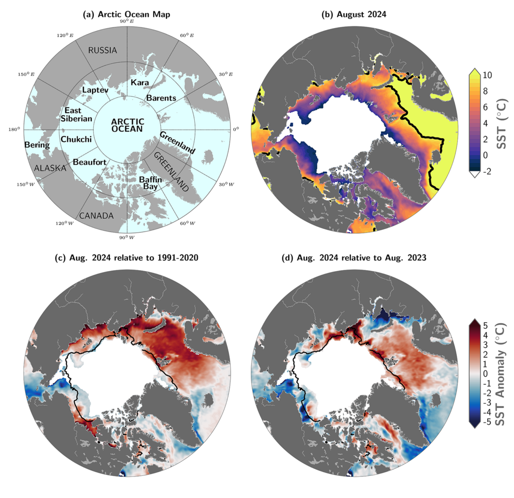 Arctic Ocean maps showing relevant marginal sea locations and geographic features, mean sea surface temperature, SST anomalies, and difference between August 2024 SSTs and August 2023 SSTs