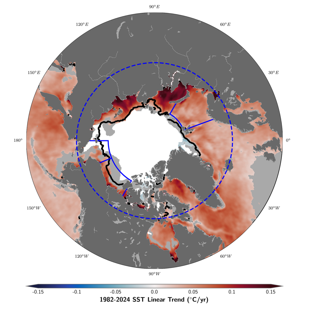 Arctic map showing linear sea-surface temperature trend for August of each year from 1982 through 2024